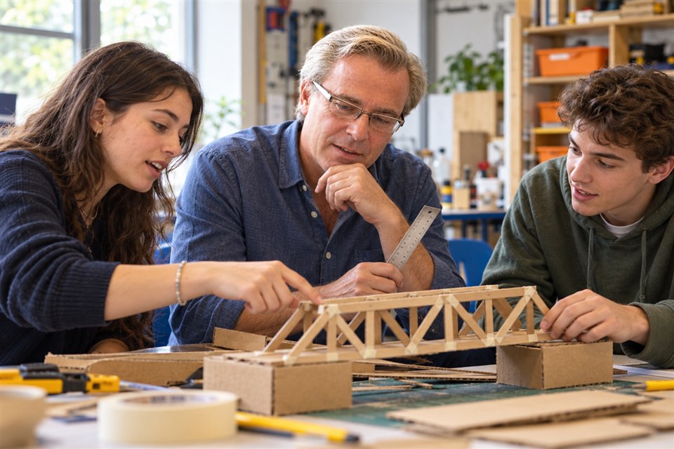 Illustration of Patrick Mazza collaborating with young adults on a hands-on bridge-building activity
